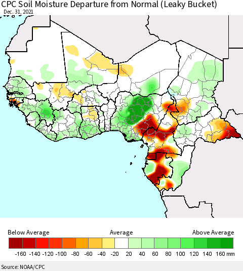 Western Africa CPC Soil Moisture Departure from Normal (Leaky Bucket) Thematic Map For 12/26/2021 - 12/31/2021