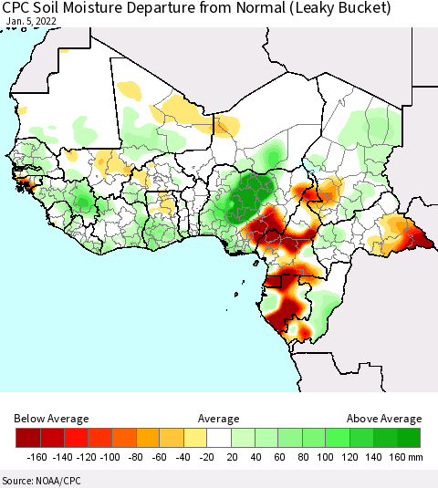 Western Africa CPC Soil Moisture Departure from Normal (Leaky Bucket) Thematic Map For 1/1/2022 - 1/5/2022