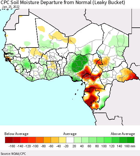 Western Africa CPC Soil Moisture Departure from Normal (Leaky Bucket) Thematic Map For 1/21/2022 - 1/25/2022