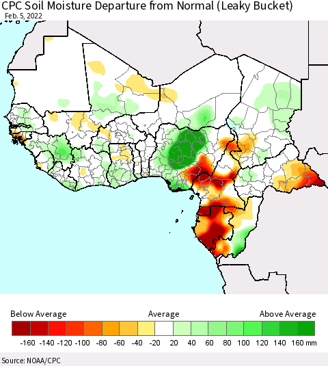 Western Africa CPC Soil Moisture Departure from Normal (Leaky Bucket) Thematic Map For 2/1/2022 - 2/5/2022