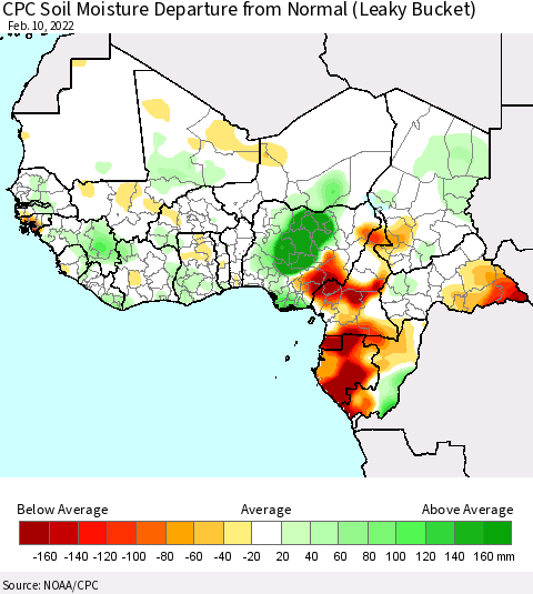 Western Africa CPC Soil Moisture Departure from Normal (Leaky Bucket) Thematic Map For 2/6/2022 - 2/10/2022