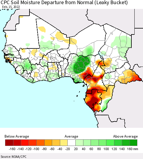 Western Africa CPC Soil Moisture Departure from Normal (Leaky Bucket) Thematic Map For 2/11/2022 - 2/15/2022