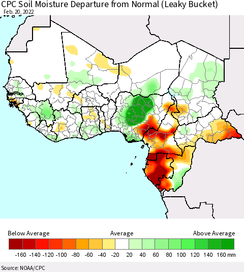 Western Africa CPC Soil Moisture Departure from Normal (Leaky Bucket) Thematic Map For 2/16/2022 - 2/20/2022