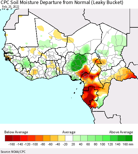 Western Africa CPC Soil Moisture Departure from Normal (Leaky Bucket) Thematic Map For 2/21/2022 - 2/25/2022