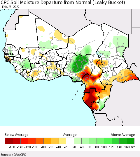Western Africa CPC Soil Moisture Departure from Normal (Leaky Bucket) Thematic Map For 2/26/2022 - 2/28/2022