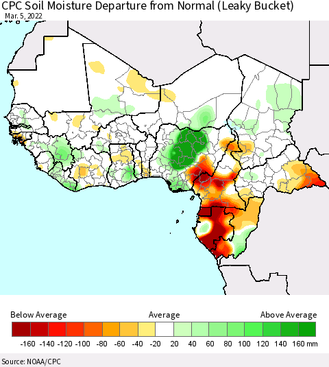Western Africa CPC Soil Moisture Departure from Normal (Leaky Bucket) Thematic Map For 3/1/2022 - 3/5/2022