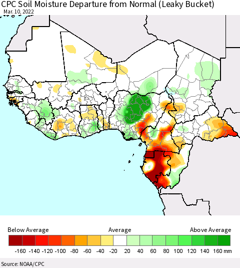 Western Africa CPC Soil Moisture Departure from Normal (Leaky Bucket) Thematic Map For 3/6/2022 - 3/10/2022