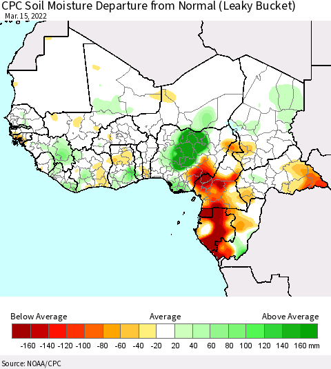 Western Africa CPC Soil Moisture Departure from Normal (Leaky Bucket) Thematic Map For 3/11/2022 - 3/15/2022