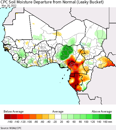 Western Africa CPC Soil Moisture Departure from Normal (Leaky Bucket) Thematic Map For 3/16/2022 - 3/20/2022