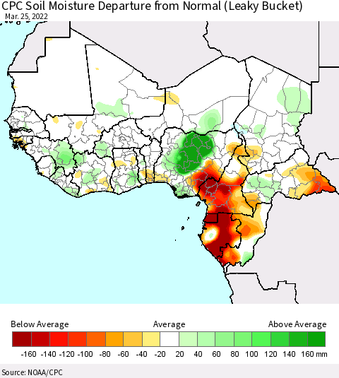 Western Africa CPC Soil Moisture Departure from Normal (Leaky Bucket) Thematic Map For 3/21/2022 - 3/25/2022