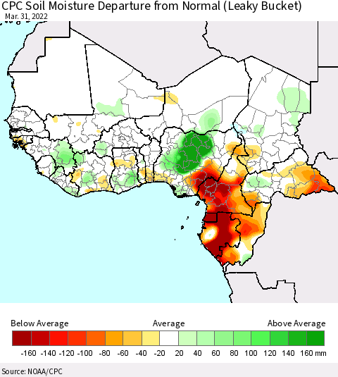 Western Africa CPC Soil Moisture Departure from Normal (Leaky Bucket) Thematic Map For 3/26/2022 - 3/31/2022