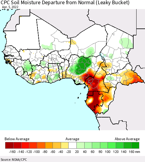 Western Africa CPC Soil Moisture Departure from Normal (Leaky Bucket) Thematic Map For 4/1/2022 - 4/5/2022