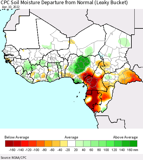 Western Africa CPC Soil Moisture Departure from Normal (Leaky Bucket) Thematic Map For 4/6/2022 - 4/10/2022