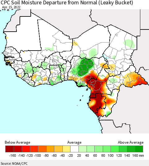 Western Africa CPC Soil Moisture Departure from Normal (Leaky Bucket) Thematic Map For 4/11/2022 - 4/15/2022
