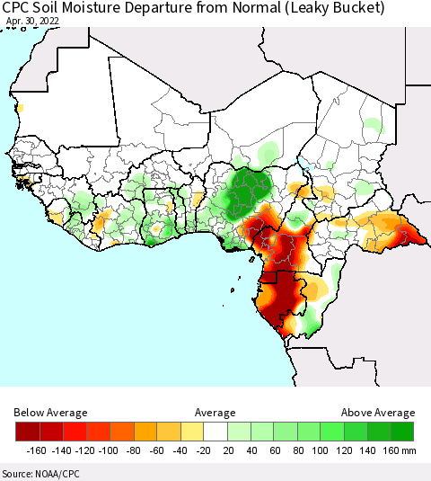 Western Africa CPC Soil Moisture Departure from Normal (Leaky Bucket) Thematic Map For 4/26/2022 - 4/30/2022
