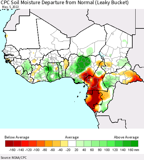 Western Africa CPC Soil Moisture Departure from Normal (Leaky Bucket) Thematic Map For 5/1/2022 - 5/5/2022