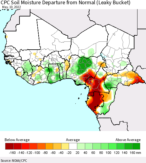 Western Africa CPC Soil Moisture Departure from Normal (Leaky Bucket) Thematic Map For 5/6/2022 - 5/10/2022