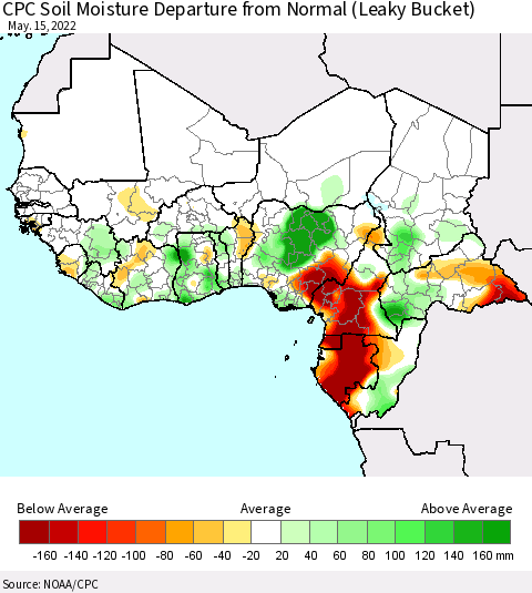 Western Africa CPC Soil Moisture Departure from Normal (Leaky Bucket) Thematic Map For 5/11/2022 - 5/15/2022