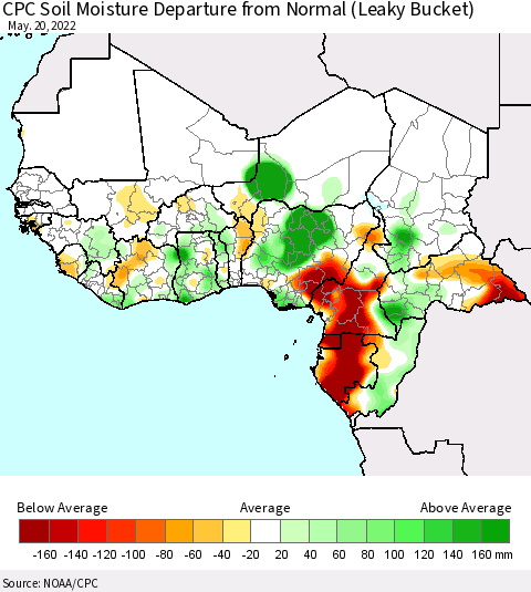 Western Africa CPC Soil Moisture Departure from Normal (Leaky Bucket) Thematic Map For 5/16/2022 - 5/20/2022