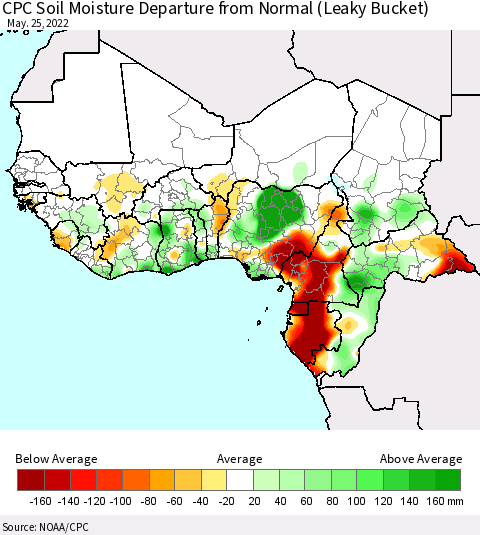 Western Africa CPC Soil Moisture Departure from Normal (Leaky Bucket) Thematic Map For 5/21/2022 - 5/25/2022