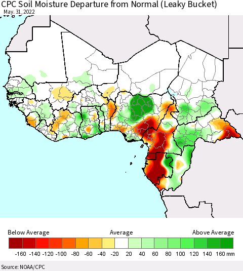 Western Africa CPC Soil Moisture Departure from Normal (Leaky Bucket) Thematic Map For 5/26/2022 - 5/31/2022
