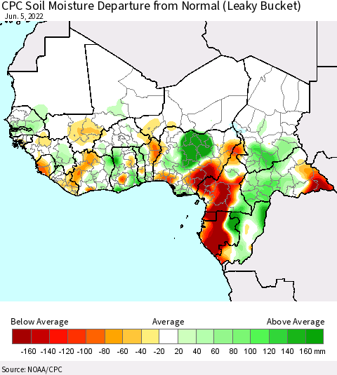 Western Africa CPC Soil Moisture Departure from Normal (Leaky Bucket) Thematic Map For 6/1/2022 - 6/5/2022