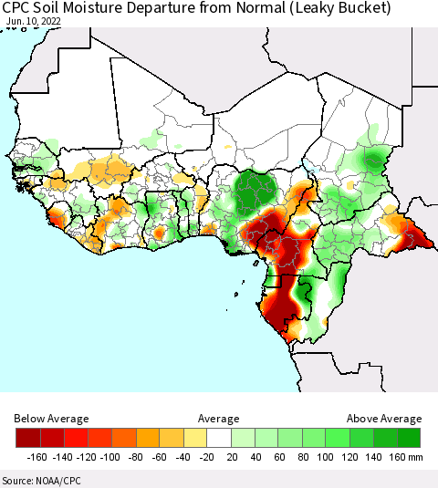 Western Africa CPC Soil Moisture Departure from Normal (Leaky Bucket) Thematic Map For 6/6/2022 - 6/10/2022
