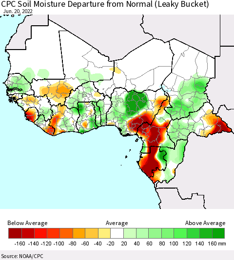 Western Africa CPC Soil Moisture Departure from Normal (Leaky Bucket) Thematic Map For 6/16/2022 - 6/20/2022