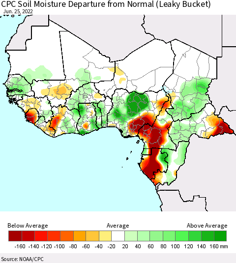 Western Africa CPC Soil Moisture Departure from Normal (Leaky Bucket) Thematic Map For 6/21/2022 - 6/25/2022