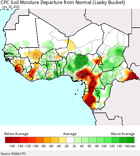 Western Africa CPC Soil Moisture Departure from Normal (Leaky Bucket) Thematic Map For 6/26/2022 - 6/30/2022