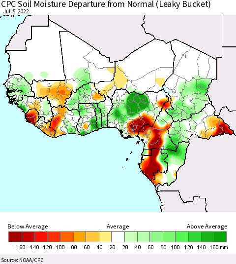 Western Africa CPC Soil Moisture Departure from Normal (Leaky Bucket) Thematic Map For 7/1/2022 - 7/5/2022