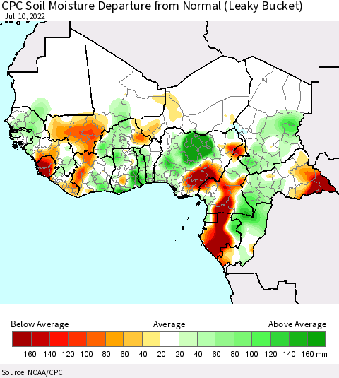 Western Africa CPC Soil Moisture Departure from Normal (Leaky Bucket) Thematic Map For 7/6/2022 - 7/10/2022