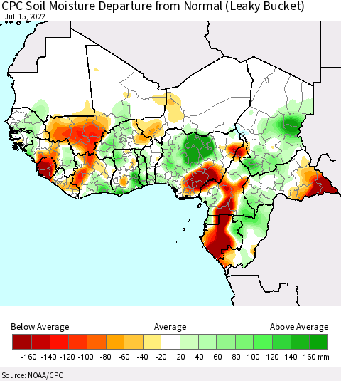 Western Africa CPC Soil Moisture Departure from Normal (Leaky Bucket) Thematic Map For 7/11/2022 - 7/15/2022