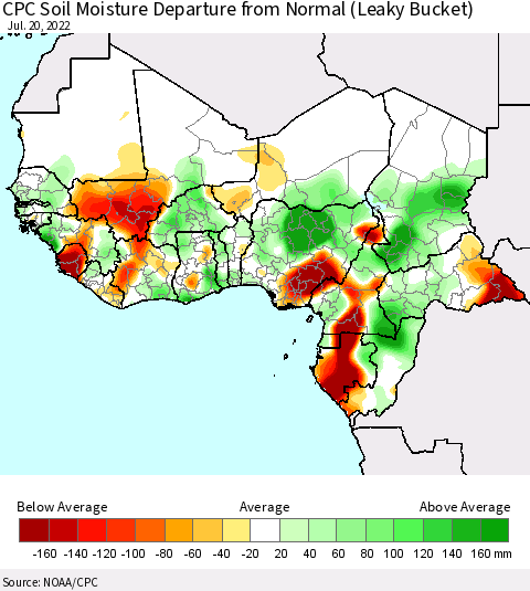 Western Africa CPC Soil Moisture Departure from Normal (Leaky Bucket) Thematic Map For 7/16/2022 - 7/20/2022