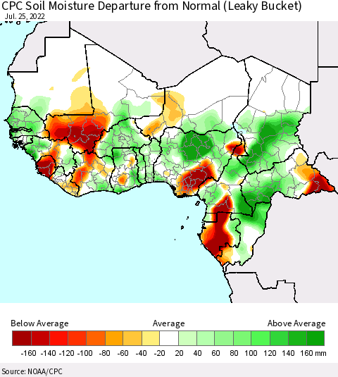 Western Africa CPC Soil Moisture Departure from Normal (Leaky Bucket) Thematic Map For 7/21/2022 - 7/25/2022
