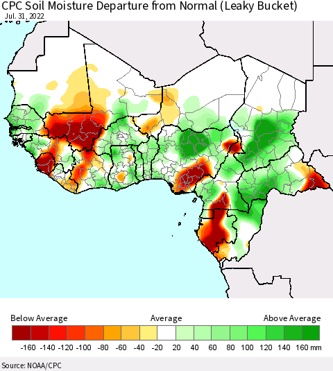 Western Africa CPC Soil Moisture Departure from Normal (Leaky Bucket) Thematic Map For 7/26/2022 - 7/31/2022