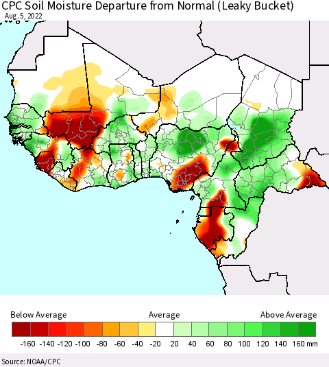 Western Africa CPC Soil Moisture Departure from Normal (Leaky Bucket) Thematic Map For 8/1/2022 - 8/5/2022
