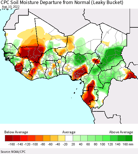 Western Africa CPC Soil Moisture Departure from Normal (Leaky Bucket) Thematic Map For 8/6/2022 - 8/10/2022
