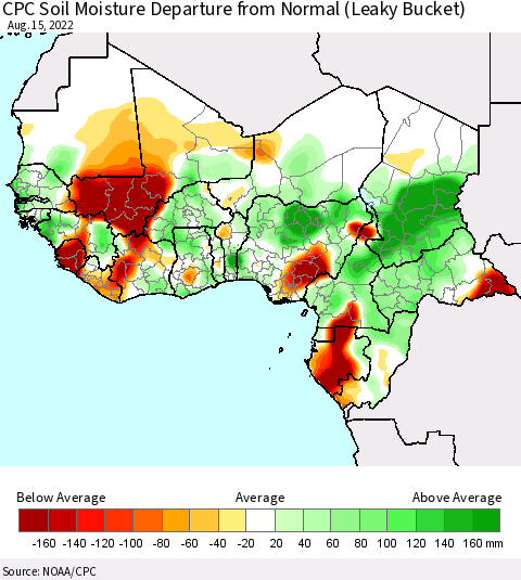 Western Africa CPC Soil Moisture Departure from Normal (Leaky Bucket) Thematic Map For 8/11/2022 - 8/15/2022