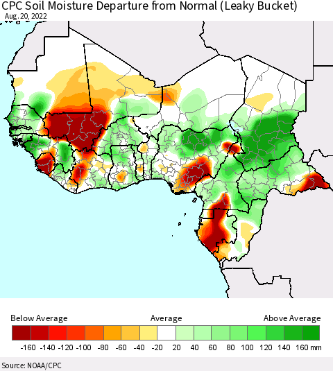Western Africa CPC Soil Moisture Departure from Normal (Leaky Bucket) Thematic Map For 8/16/2022 - 8/20/2022