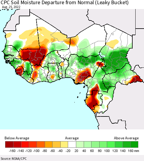 Western Africa CPC Soil Moisture Departure from Normal (Leaky Bucket) Thematic Map For 8/21/2022 - 8/25/2022