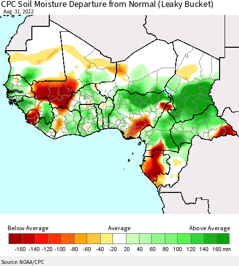 Western Africa CPC Soil Moisture Departure from Normal (Leaky Bucket) Thematic Map For 8/26/2022 - 8/31/2022