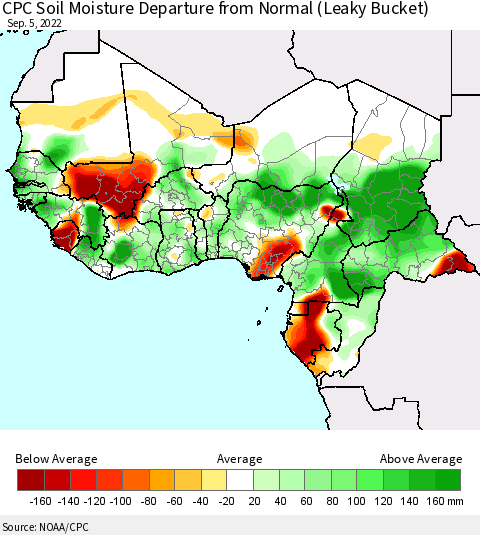 Western Africa CPC Soil Moisture Departure from Normal (Leaky Bucket) Thematic Map For 9/1/2022 - 9/5/2022