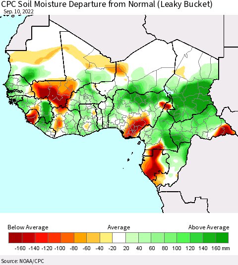 Western Africa CPC Soil Moisture Departure from Normal (Leaky Bucket) Thematic Map For 9/6/2022 - 9/10/2022