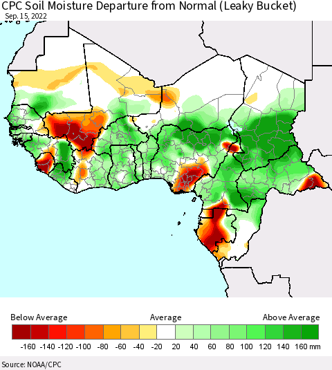 Western Africa CPC Soil Moisture Departure from Normal (Leaky Bucket) Thematic Map For 9/11/2022 - 9/15/2022