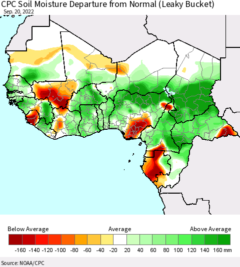 Western Africa CPC Soil Moisture Departure from Normal (Leaky Bucket) Thematic Map For 9/16/2022 - 9/20/2022