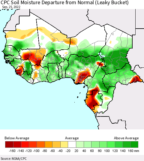 Western Africa CPC Soil Moisture Departure from Normal (Leaky Bucket) Thematic Map For 9/21/2022 - 9/25/2022
