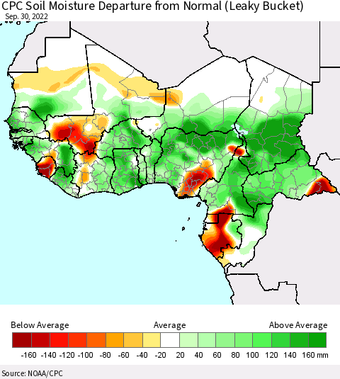 Western Africa CPC Soil Moisture Departure from Normal (Leaky Bucket) Thematic Map For 9/26/2022 - 9/30/2022