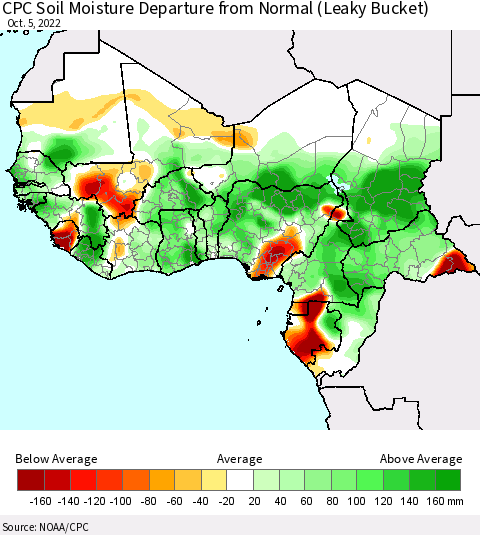Western Africa CPC Soil Moisture Departure from Normal (Leaky Bucket) Thematic Map For 10/1/2022 - 10/5/2022