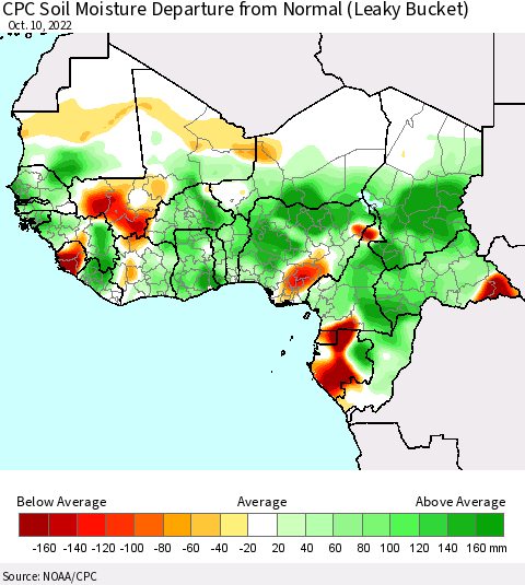 Western Africa CPC Soil Moisture Departure from Normal (Leaky Bucket) Thematic Map For 10/6/2022 - 10/10/2022